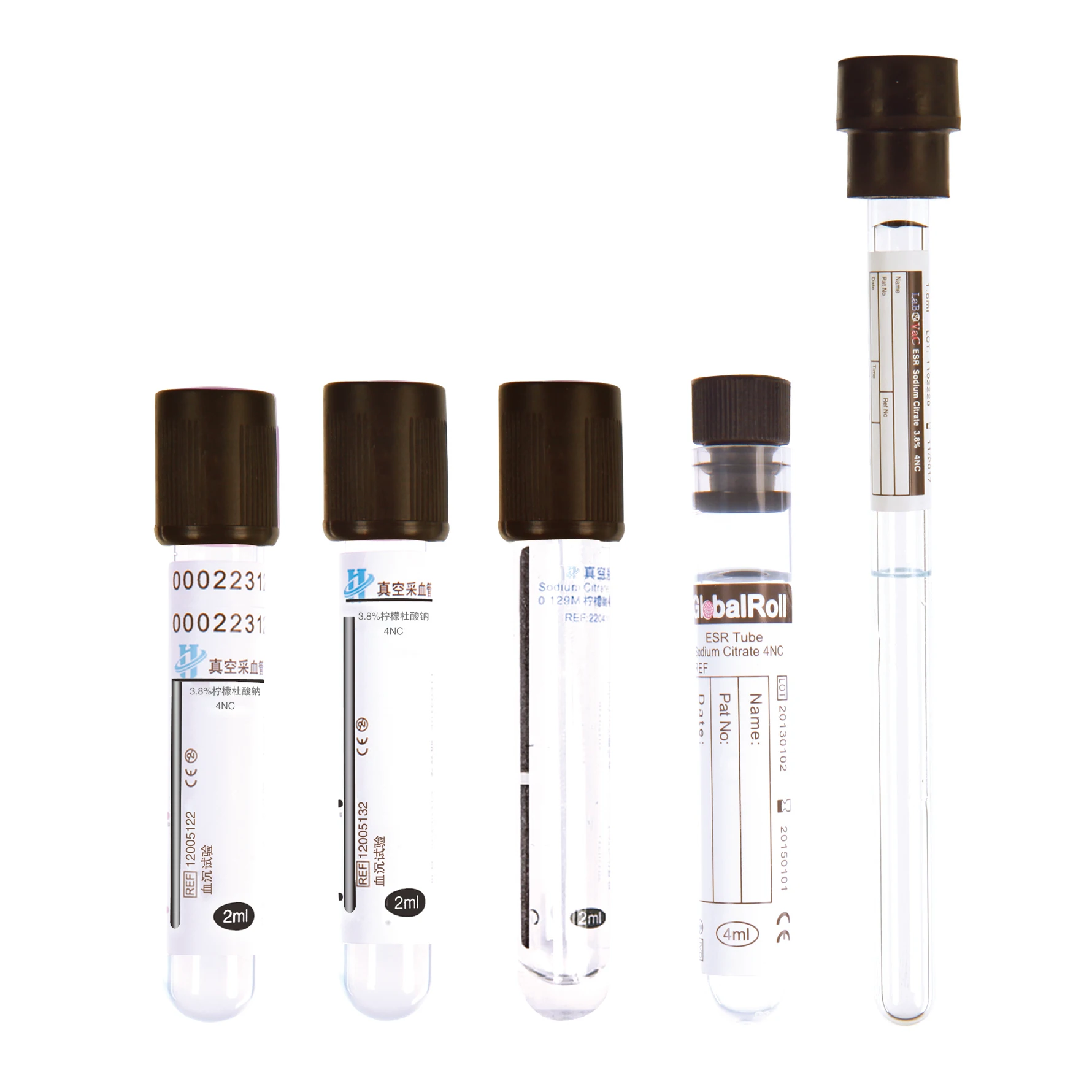 good quality black top 3.8% sodium citrate blood tube ESR tube CE ISO13485 4NC blood collection tube PET glass 8*120mm 9*120mm