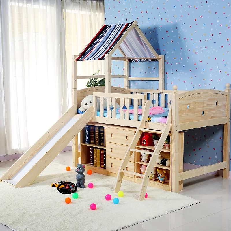 Latest Bedroom Furniture Wooden Kids Cartoon Slide Storage Bed Set Designs
