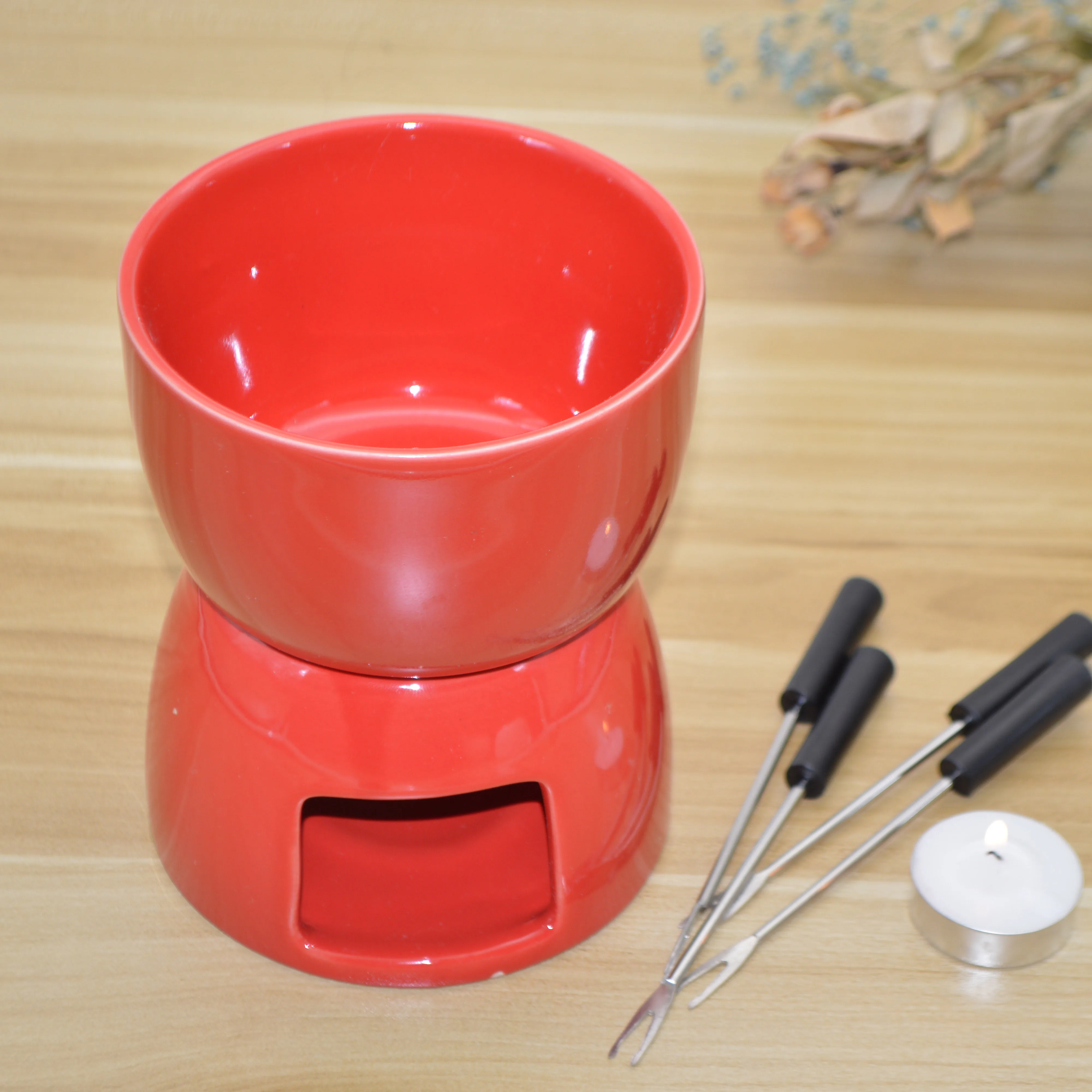 High Quality Red Porcelain Ceramic Fondue Pot Set, ceramic chocolate dipping pot set