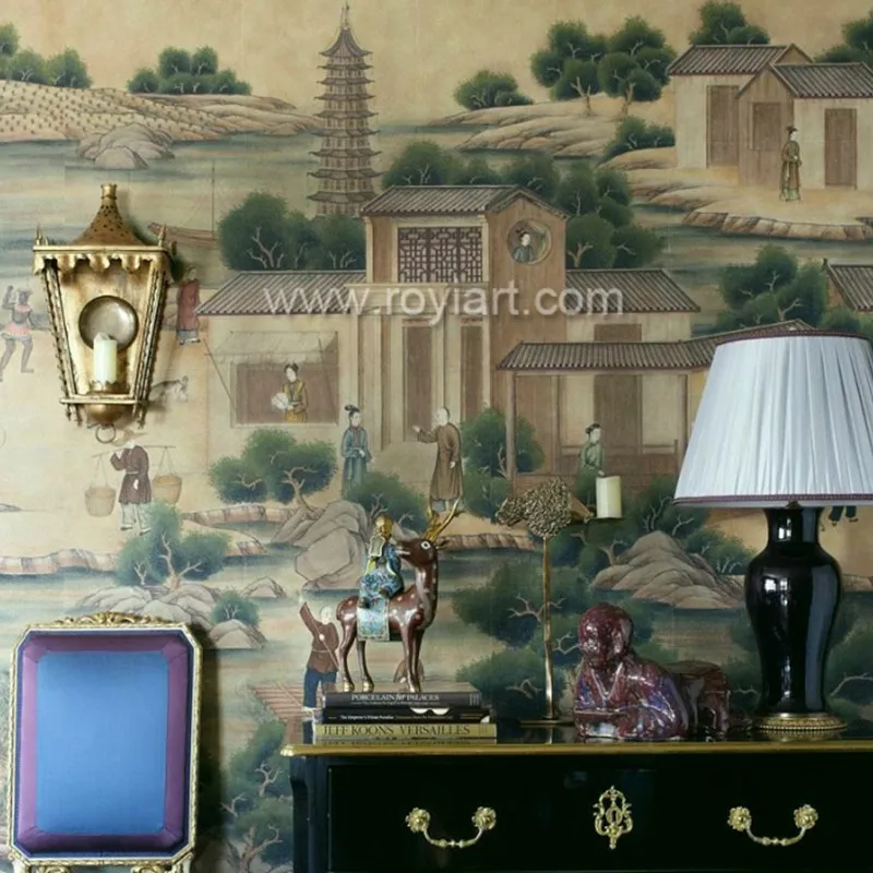 ROYI ART Chinoiserie hand painted wallpaper and embroidered silk wallpaper