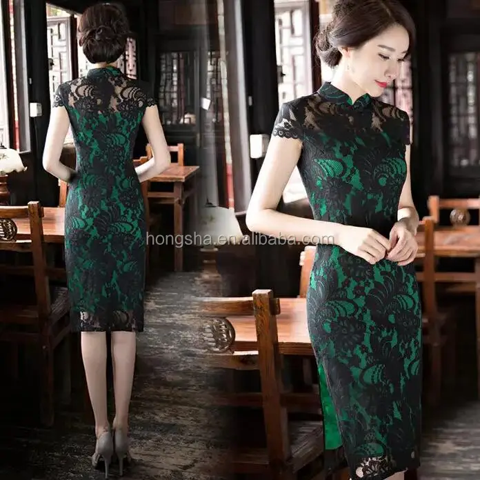 Women Plus Size Qipao Black Floral Lace Green Lined Short Mandarin Collar Dress Below Knee Sheath Dress HSQ9300