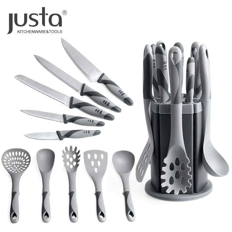 
2020 Import Kitchen Design Utensils Stainless Steel Kitchen Tool Set Gift Nylon Kitchenwares With Sharpe Knives and Holder 