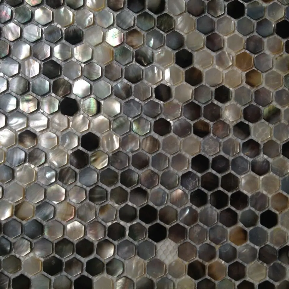 Hexagon sea shell black lip shell mosaic tile on mesh
