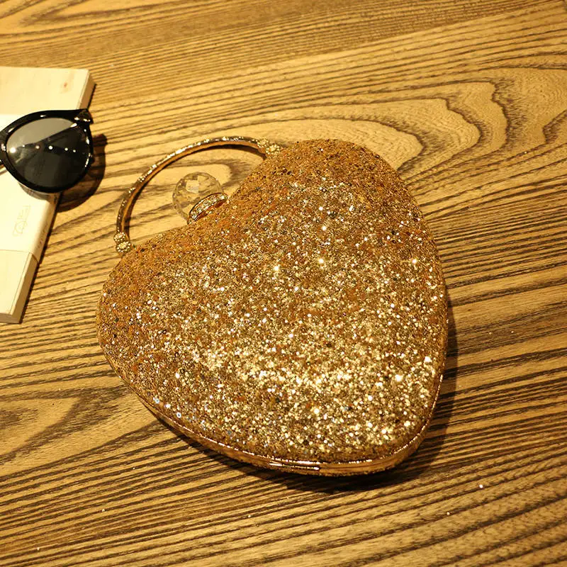 New Heart Shape Bridal Wedding Women Handbag Shiny Flash Sequins Rhinestone Chain Bag Shoulder Messenger evening bags for ladies