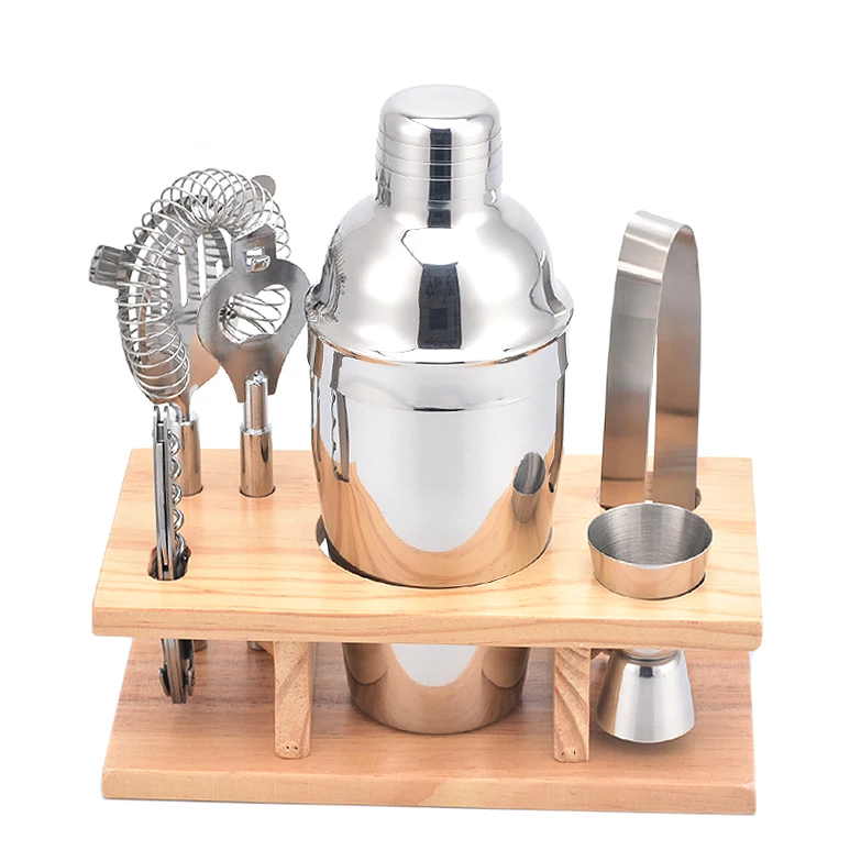 Wood holder 7 pcs hippocampal knife stainless steel cocktail shaker set luxury bartender set