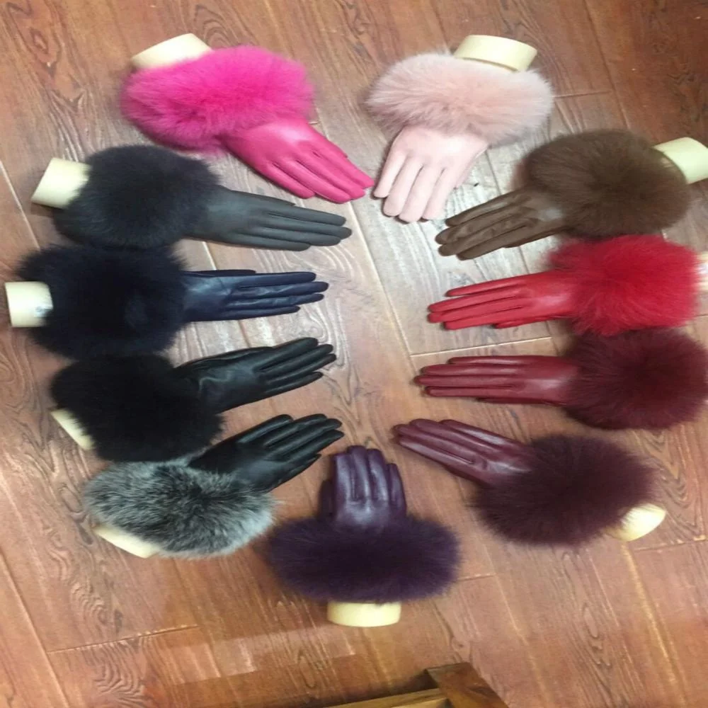 Wholesale Sheepskin  Women Fox Fur Leather Gloves