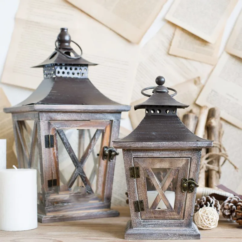 American country vintage wrought iron wood candlestick wind lamp wood crafts creative Christmas candlestick