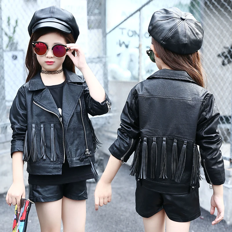 
Korean style slim PU tassel zipper windproof girls leather jacket 