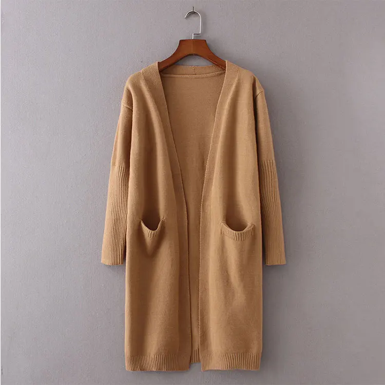 Solid color korea long cashmere cardigan sweaters knitted coat with pockets