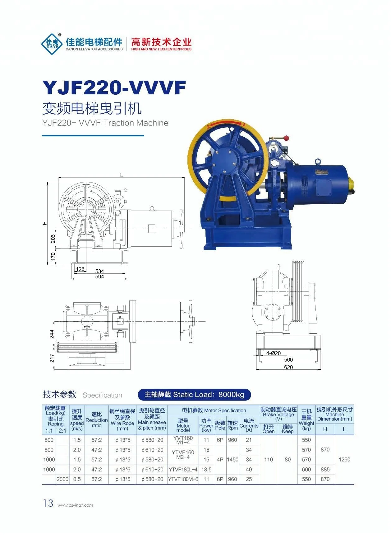 YJF220 VVVF 800-2000KG passenger elevator engine