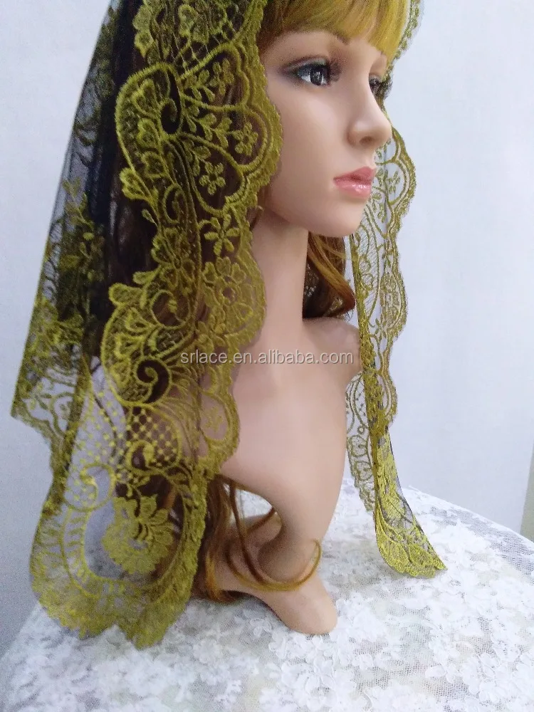 Желтая Золотая кружевная испанская кружевная Фата мантильи