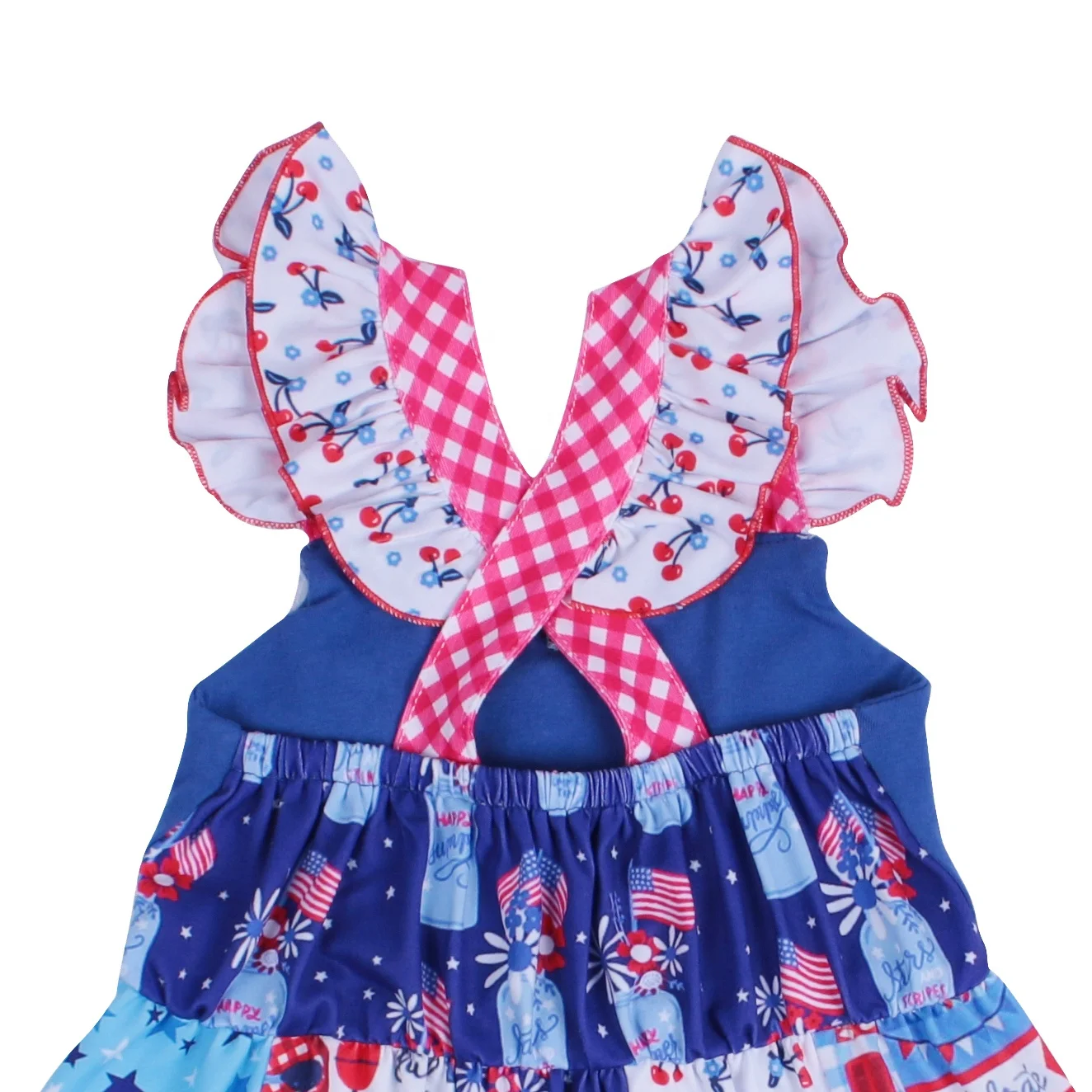 
Wholesale 4th of July american flag dress Summer cherry print milk silk girl boutique clothing baby bubble ruffle dress 