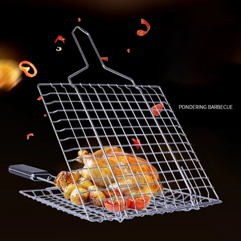 Stainless Steel Barbecue Net Grilled Fish Clip High Temperature Resistance Wooden Handle Thickened Bold Plating Toast Clamp h4