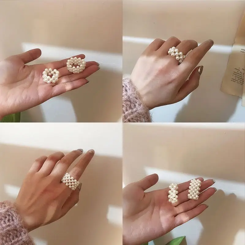 Wholesale  Fashion New Arrived Handmade Custom Plastic Jewelry Korean Braided Pearl Ring For Women