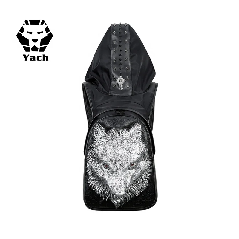 
Personality PU Fashion Animal Back pack Men Waterproof Silicone Schoolbag Stereo Tiger Head 3D silicone backpack with Hood cap 
