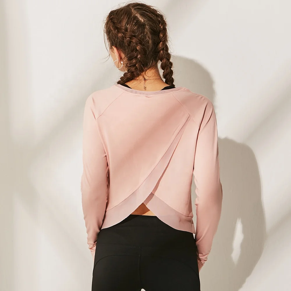 Pink Split Cross Wrap Fitness T Shirt Thumb Holes Workout Tops Woman Sportswear O neck Long Sleeve Mesh Yoga Shirt Women