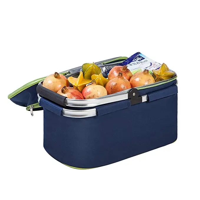 Family Size Insulated Folding Collapsible Picnic Basket Cooler with Sewn in Frame