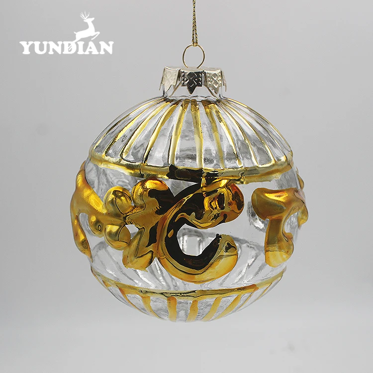 New arrival wholesale clear hanging 8cm christmas glass baubles ball with gold pattern for holiday gift and decoration