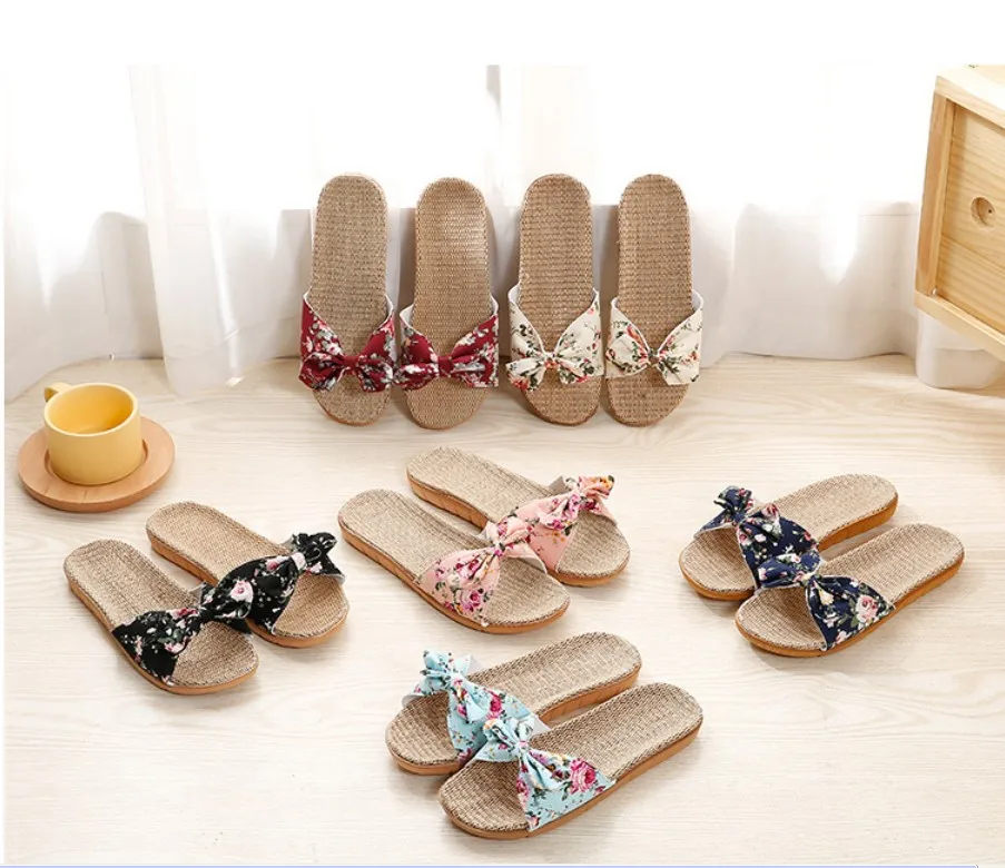 High quality comfortable and breathable bowknot linen family slippers female non-slip Eva slippers