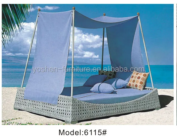 Rattan outdoor beach sunbed with tent canopy queen size rattan bed with canopy