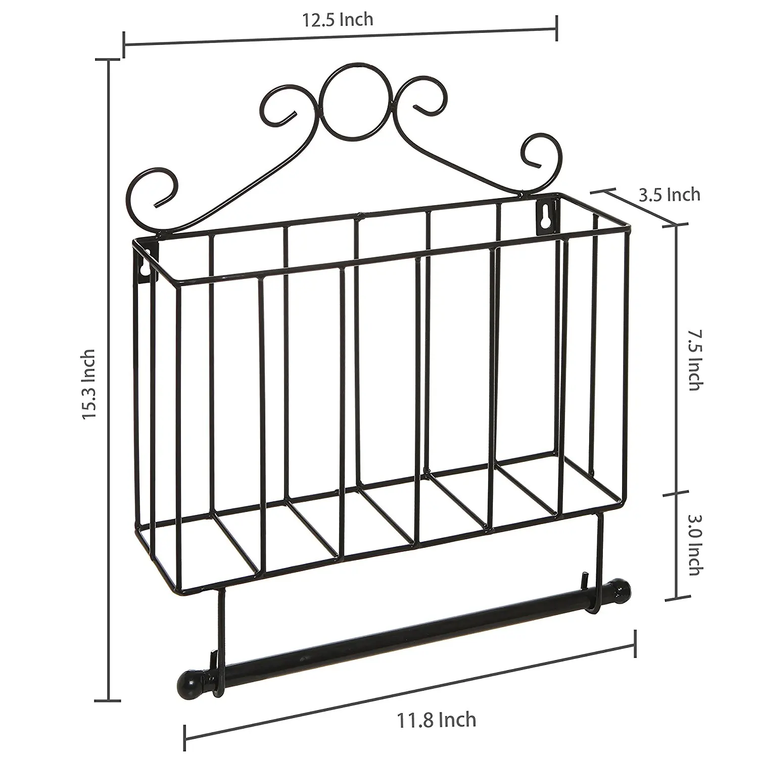 
Black Metal Scrollwork Design Wall Mounted Bathroom Magazine Shelf Basket Rack with Toilet Paper Roll Bar 