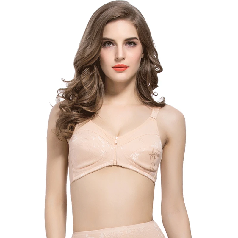 ONEFENG Breast Forms Mastectomy Bra Color 6013 100% Cotton Front Closure Zipper Designed with Pockets for Breast Implants Beige