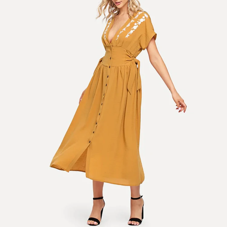 Wholesale fashion women Wide Waistband Flower Embroidered Button Up Dress