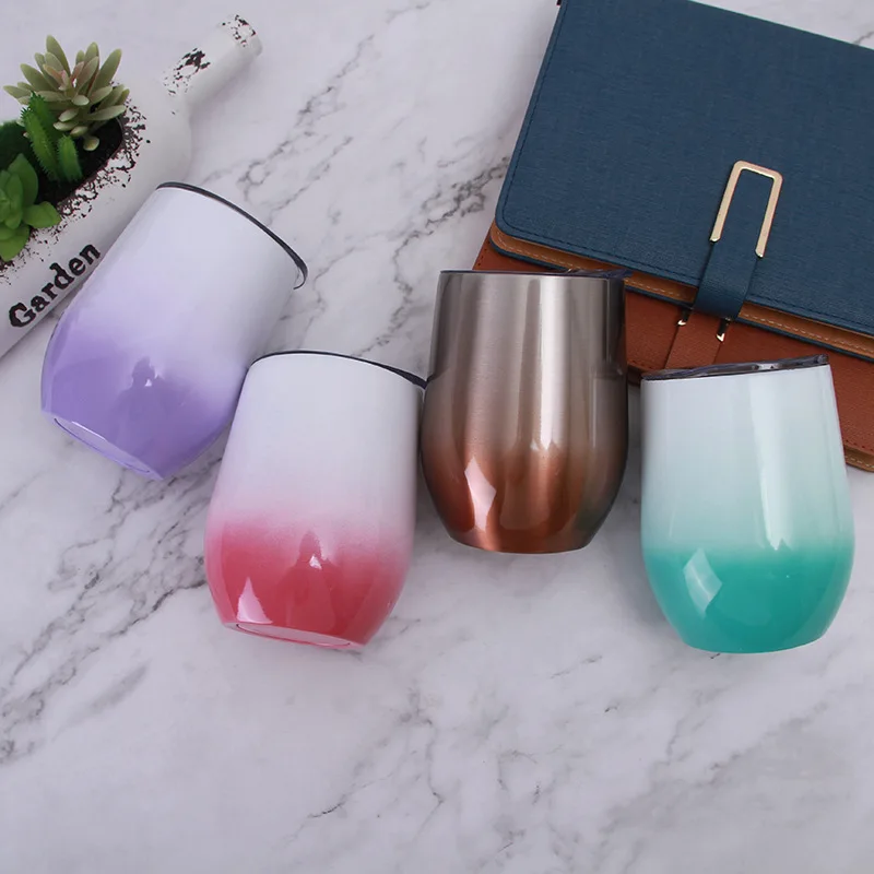 12Oz Wine Insulated Cup Stainless Steel Travel Cup Double Wall Vacuum Wine Tumbler Gradient Eggshell Cup
