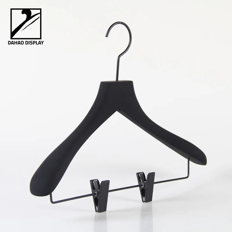 
black wooden clothes hanger with rubber coating 