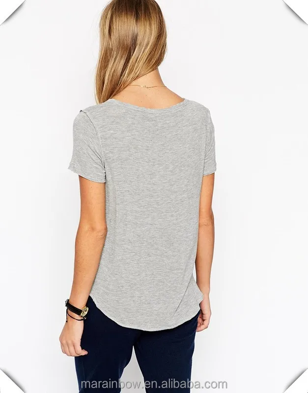 
Cotton Spandex White / Grey Plain Womens Deep V Neck T Shirt with Raw Trim and Seam 