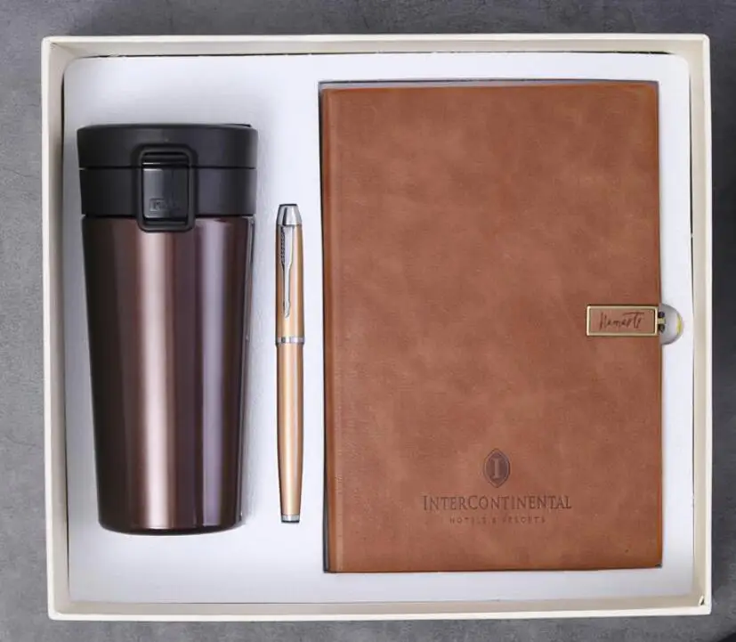 2019 Wholesale cheap Custom School Notebook Thermos mug And Pen Gift Set A5 Leather Diary Notebook set