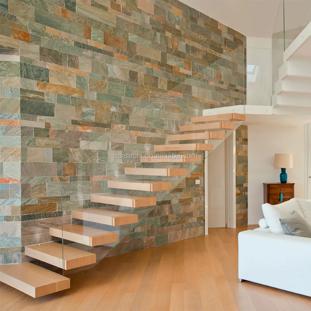 Contemporary Floating Staircase with Wood Tread Invisible Stringer Straight Stairs