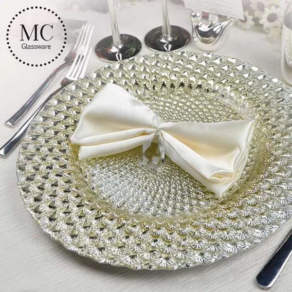 Wholesale wedding round cobalt blue feather glass charger plates