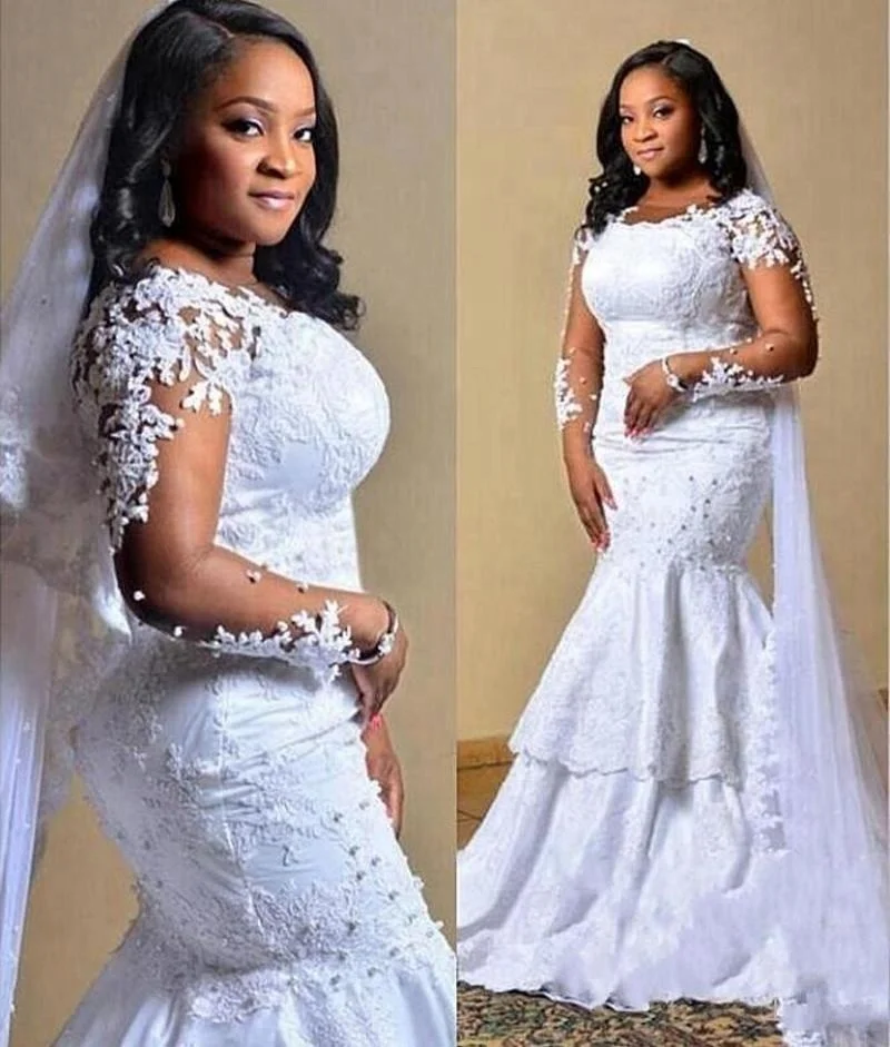 XN1813 South African Mermaid Wedding Dress Lace Appliques Sheer Long Sleeves Bridal Gowns Plus Size Sweep Train Wedding Vestidos