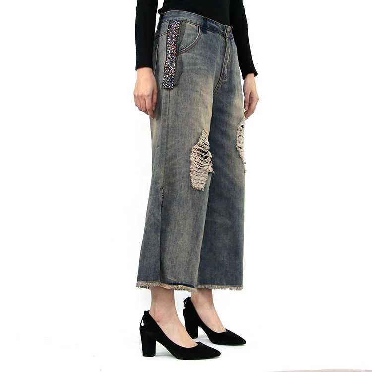 summer HIGH STREET women clothing Embroidered stretch loose wide leg pants ripped denim jeans wholesale