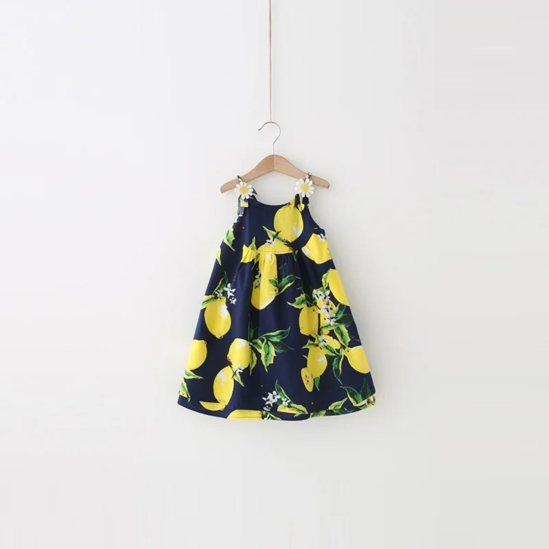Girl summer clothing 2016 new sleeveless cotton child prints lemon dress skirt baby frock design pictures
