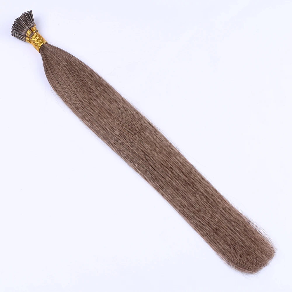 100 Strands I Tip Hair Extensions Human Hair Light Brown #8 Color Soft Straight Remy Hair Pre Bonded Stick Shoelace Tips