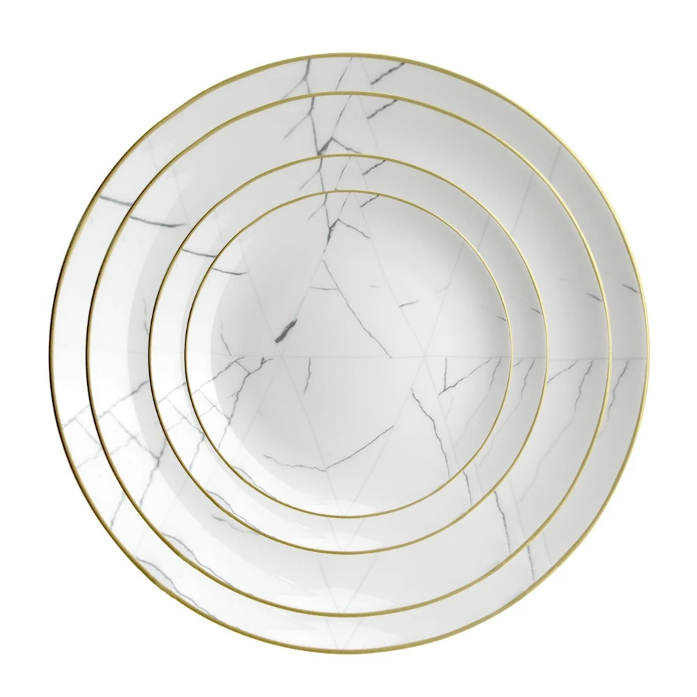 Hot sale wholesale cheap luxury gold rim white marble patterns round ceramics charger plates set for wedding party and hotel