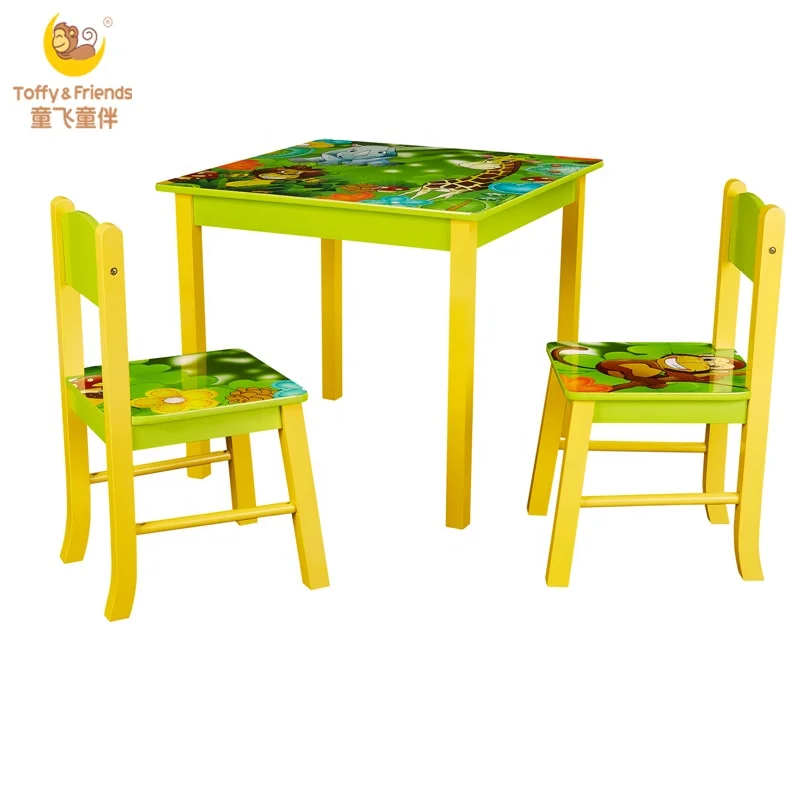 Toffy & Friends wooden kids square table two chairs set in Jungle design