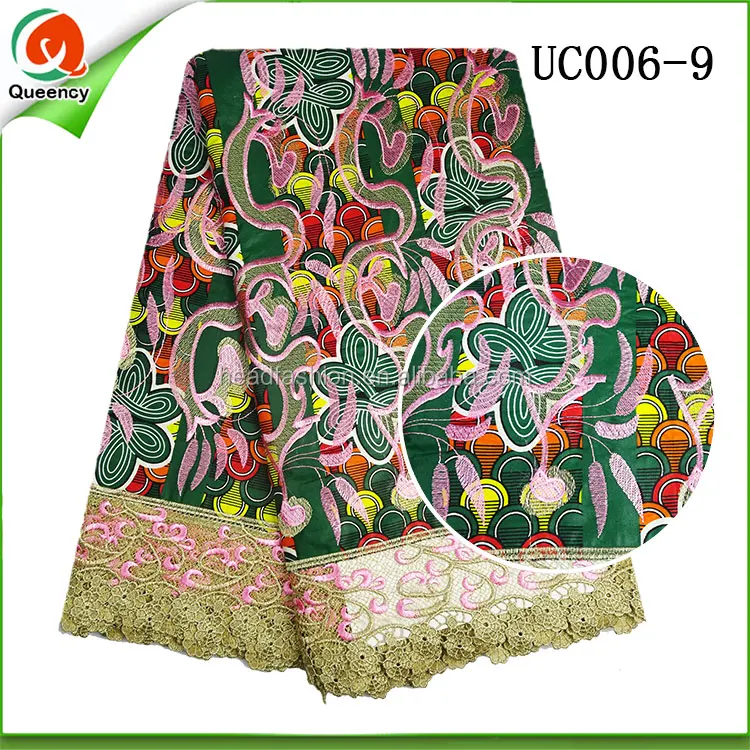 Queency 100% Cotton African Wax Print Fabric With embroidered fabrics guipure lace in blue