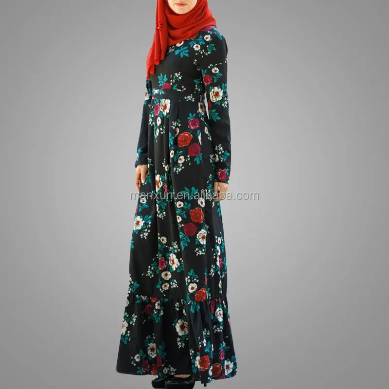 New Fashionable Women Ethnic Gender And Middle East Region Abaya Islamic Jilbab Floral Printing Ruffle Long Sleeve Maxi Dress