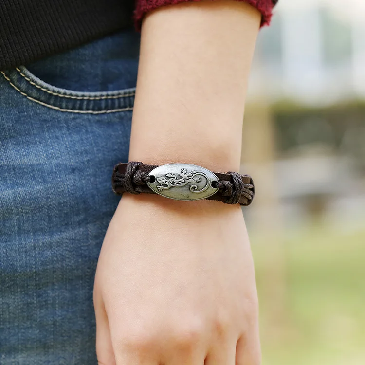 Alloy Rope Man Women Make Leather Wrap Wristband Handwoven Cowhide Bracelet Simple Multi-layer Gecko Pattern
