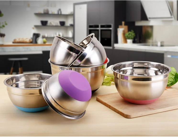 
China wholesale stainless steel basin with silicone lids and measurement lines with plastic cover fruit salad mixing bowl set 