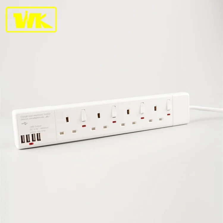 4800MA USB Output with 13A 4-Gang Power USB Extension Cable with Fused Plug-Top & 2M Cable, Individual Switch & Neon