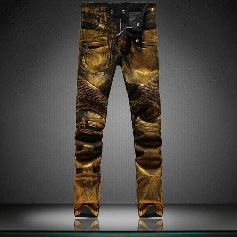 Royal wolf jeans manufacturer new fashion hot stamping metallic foiled golden coated biker denim men pants jeans
