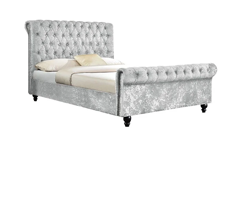 Classy Modern Bed Frame Sleigh Style Fully Upholstered Designer bed in Crushed Velvet or Chenille Fabric