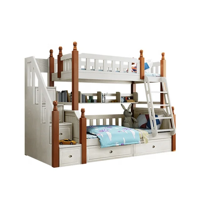Full solid wood 1.35 1.5 bunk bed for kids with storage cabinet and ladder wooden furniture designs