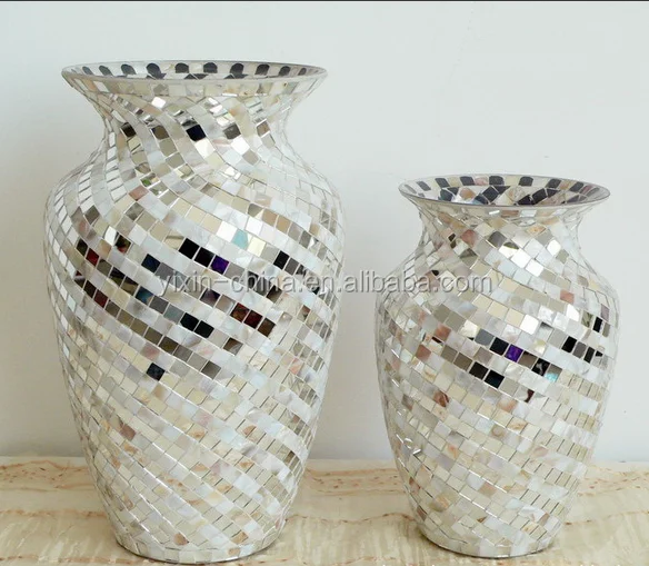 Handmade Waist Shape Crackle Silver Mosaic Vase Receptacle /Large Floor Vases Antique Glass Mosaic Vases