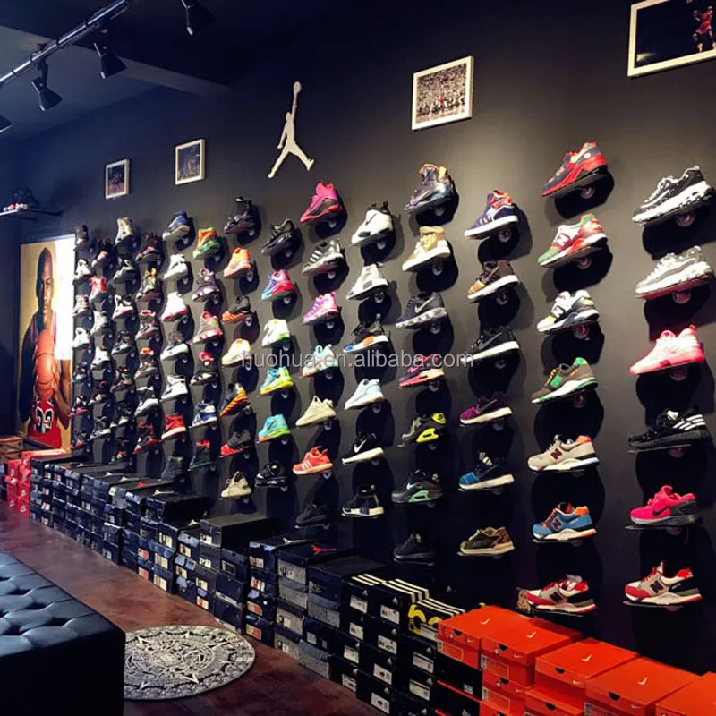 huohua 2018 hot selling new style install on the wall retail shoe rack display