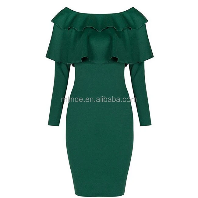 Girls Party Wear Western Dress Double Ruffle Neck Off The Shoulder Elegant Sexy Tight Transparent Party Dress Long Sleeve